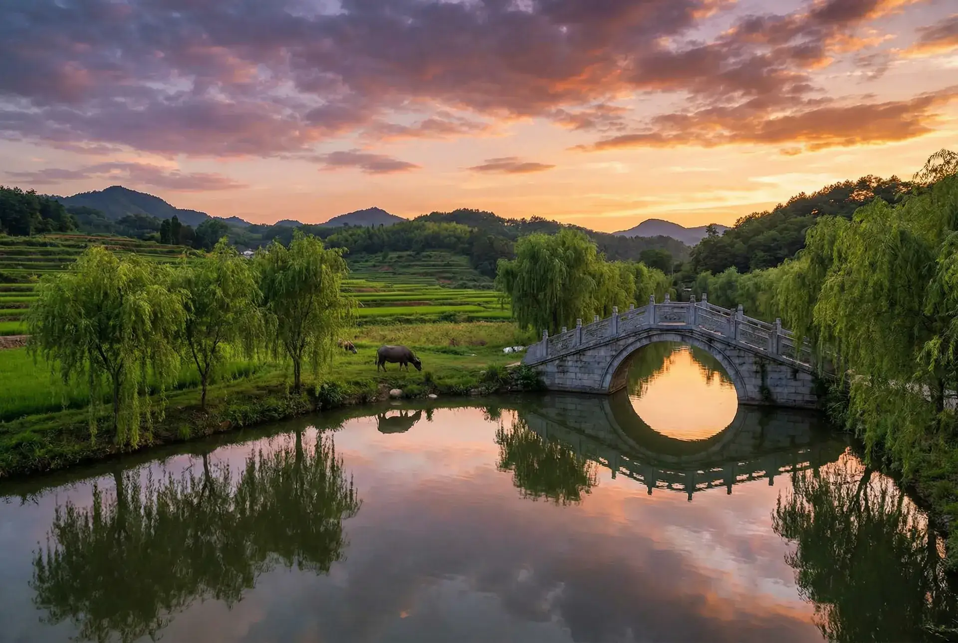 夕阳下的石拱桥与垂柳，水牛在河边吃草 - 欧美av明星 乡村美景